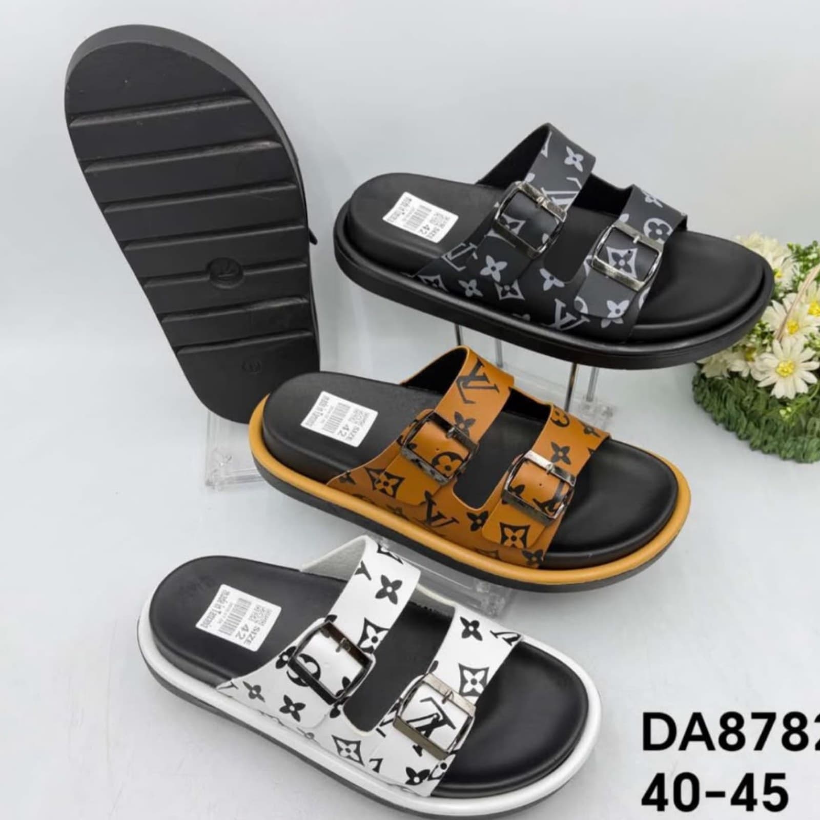 Louis Vuitton Inspired Monogram Double-Strap Buckle Slides