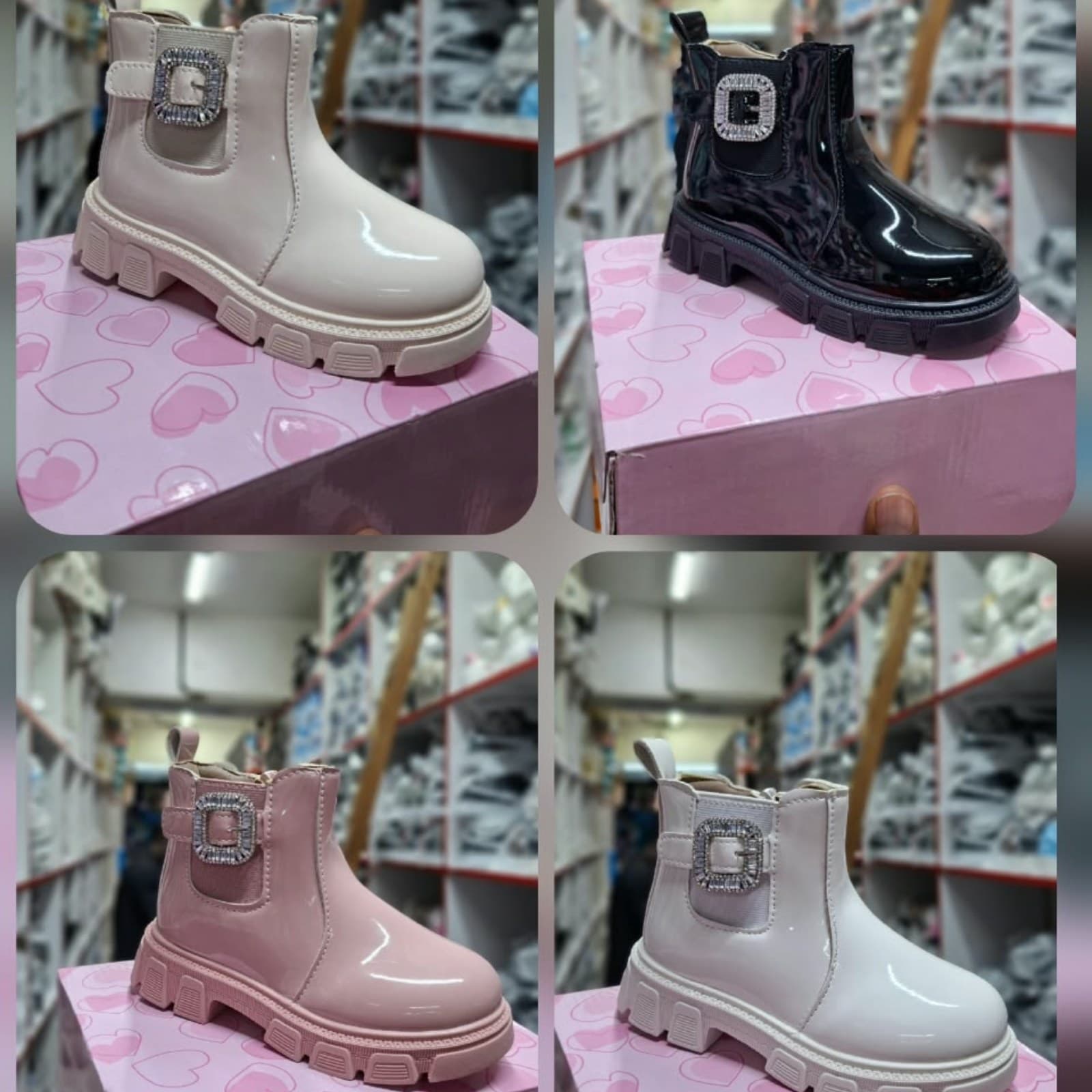Kids Patent Leather Rhinestone Buckle Ankle Boots