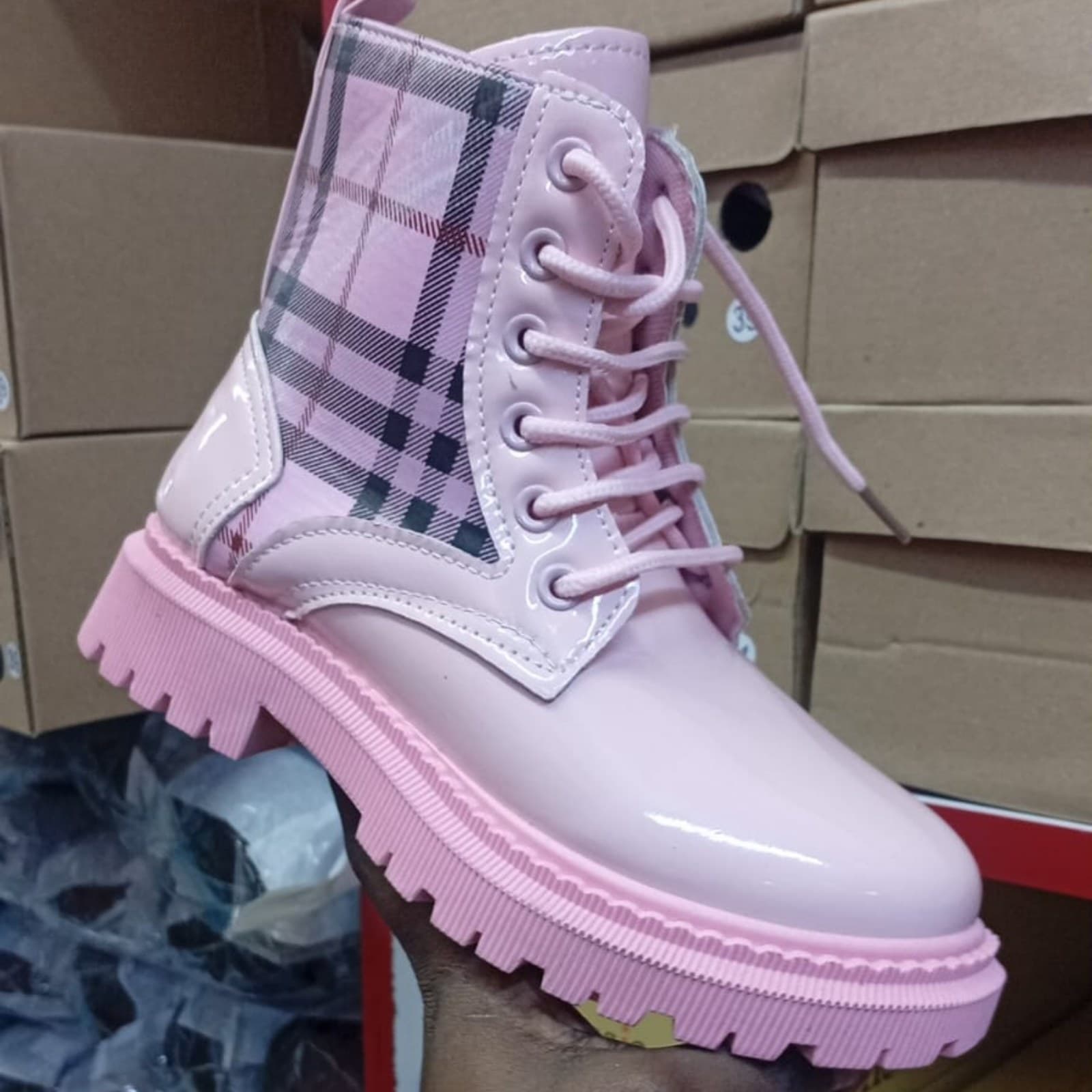 Kids Plaid Panel Patent Leather Combat Boots