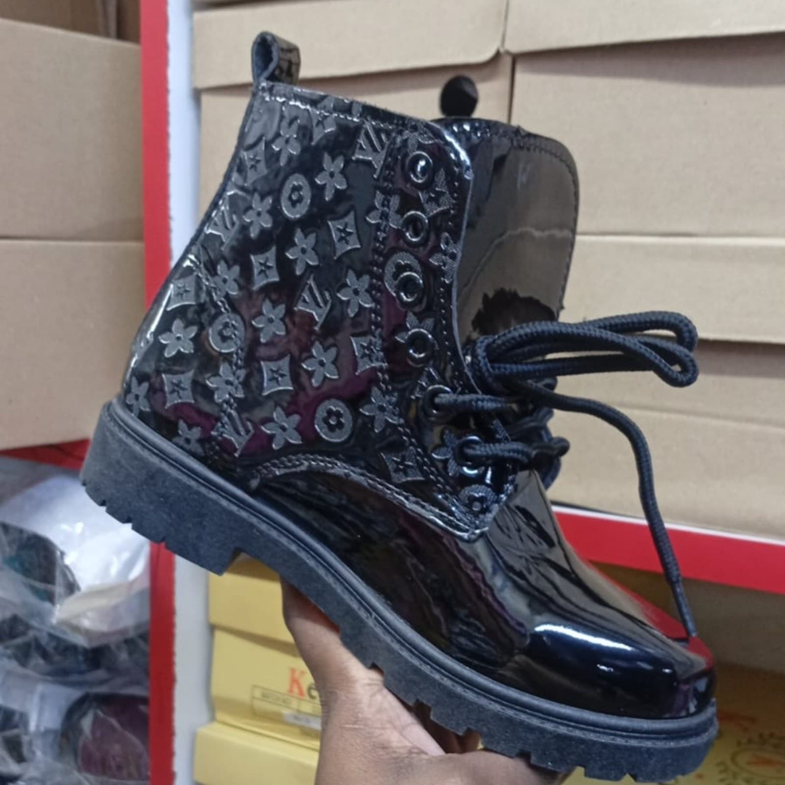 Kids Plaid Panel Patent Leather Combat Boots view 2