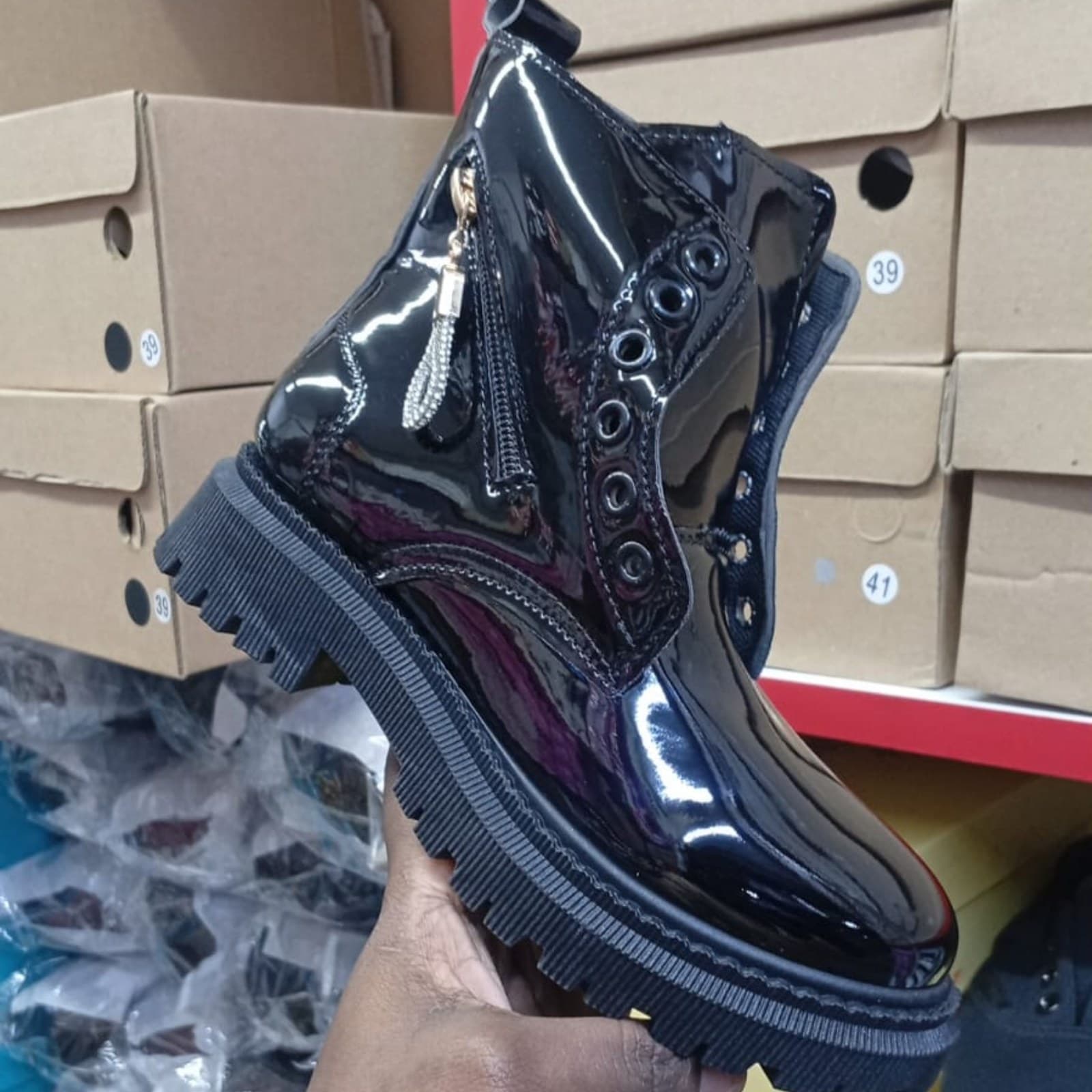 Kids Plaid Panel Patent Leather Combat Boots thumbnail 3