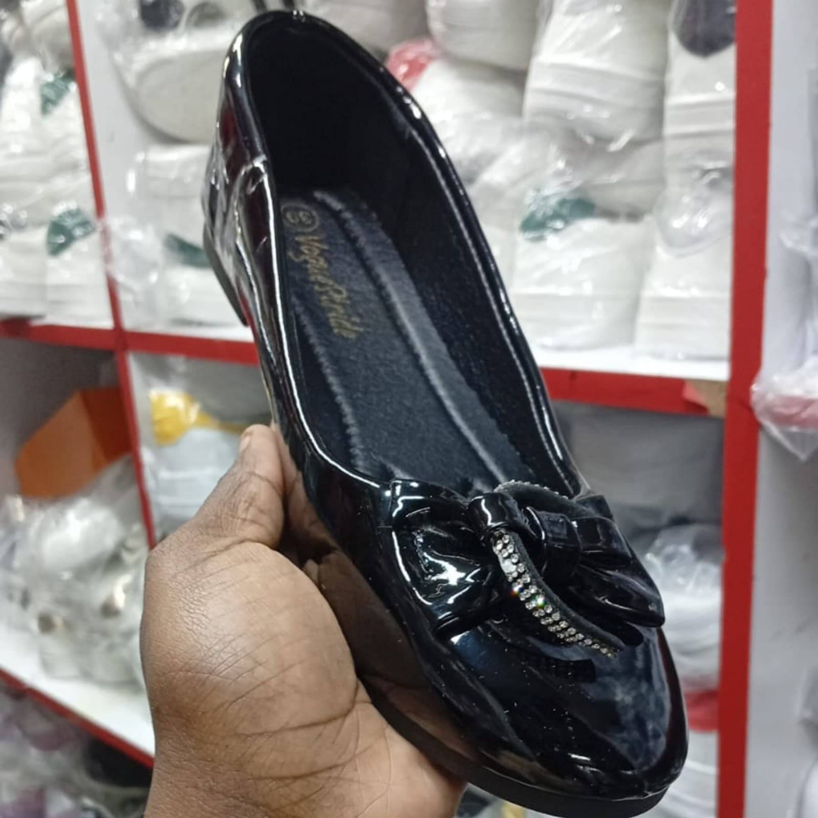 Vogue Pride Women's Glossy Patent Leather Ballet Flats with Rhinestone