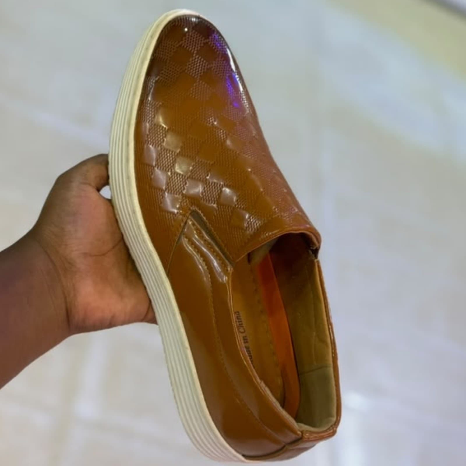 Men's Textured Checkered Patent Leather Slip-On Loafers image 1