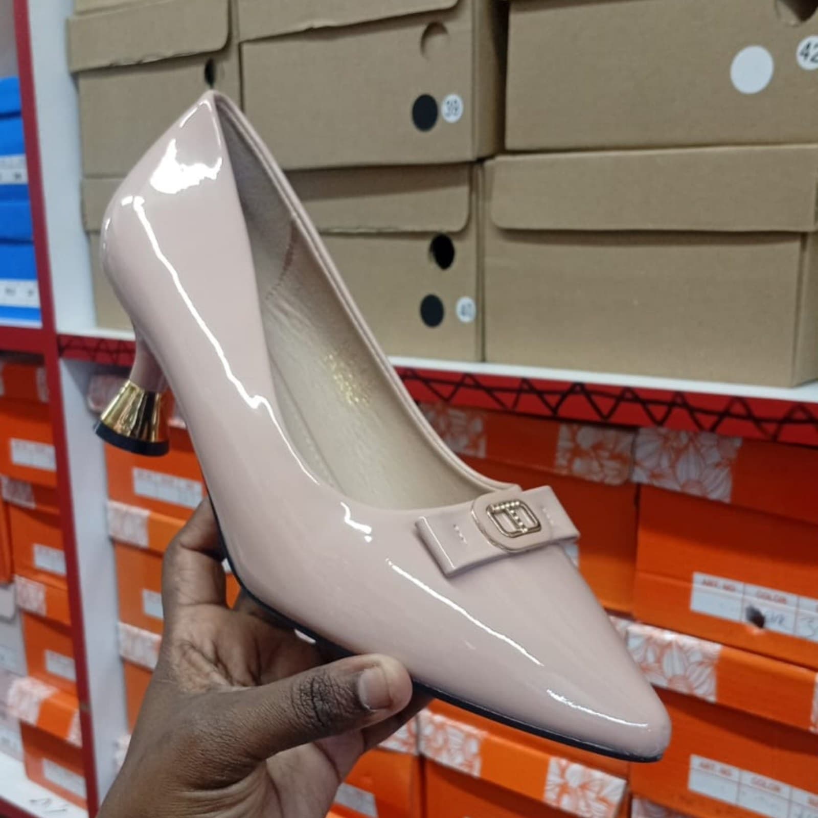 Elegant Nude Patent Kitten Heels