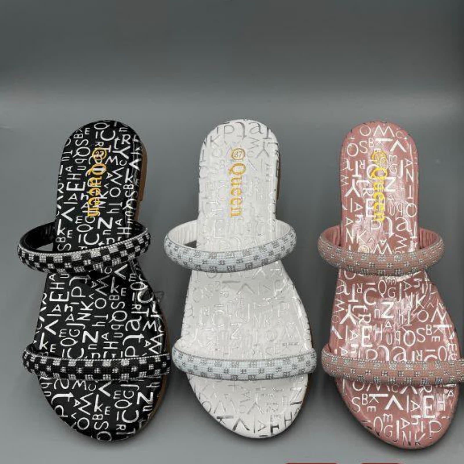 Double Glitter Strap Alphabet Print Flat Slides