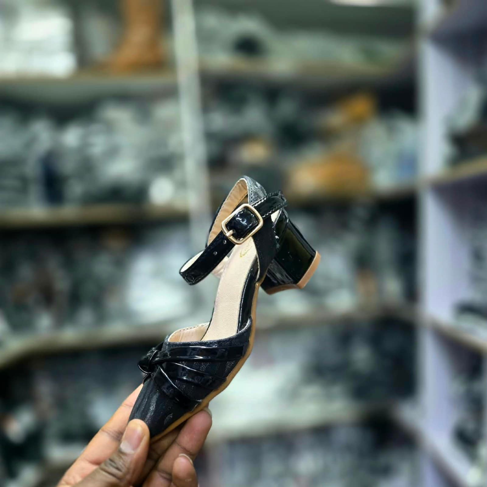 Girls' Pointed Toe Patent Mesh Block Heel Sandals.